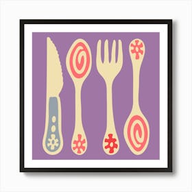 CUTLERY Pop Art Utensils Knife Spoon Fork in Vintage Retro Lavender Pink Red on Purple Kitchen Art Print