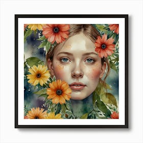 Watercolor Of A Girl With Flowers 3 Art Print