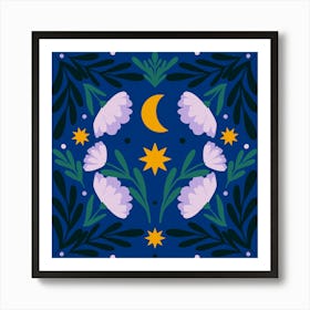 Stars Moon And Flowers - Starry Night Art Print