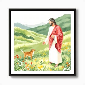 Jesus And Dog In The Field Art Print