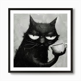 Black Cat With Coffee Art Print