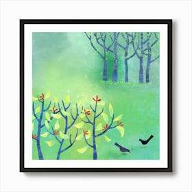 Birds Blossom and Trees Green Landscape Art Print