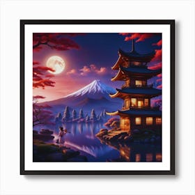 Moonlight and Mt Fuji With Asian Pagoda Art Print