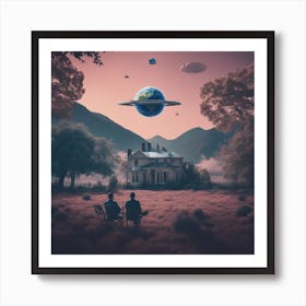 Make A Surreal Vintage Collage Of A Field With Planet Earth At The Center, A Couple Watching, Flying (13) Art Print
