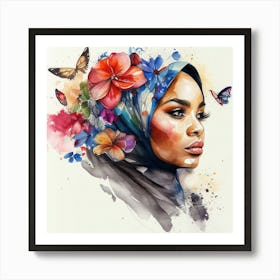 Watercolor Floral Muslim Arabian Woman #2 Art Print