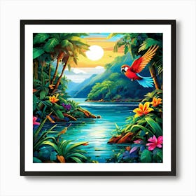 Ai Art With Lush Jungle Landscapes Serene Beaches With Gentle Tropical, pic cell art, good flowers, nice colors, flowers, trees, digital art of nature, wall art of birds, wall art of flowers, wall art of greenery Wave, Art Print