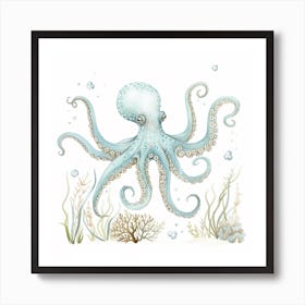 Delicate Illustration Of Blue Octopus Art Print