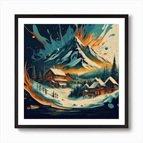 Abstract painting of a mountain village with snow falling 7 Art Print