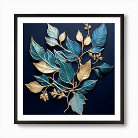 Blue And Gold Leaves 1 Art Print