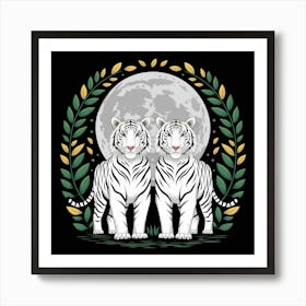 White Tiger Standing In Front Of A Full Moon Art Print