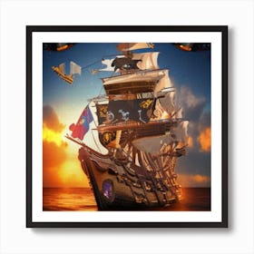 Pirate Ship At Sunset Art Print