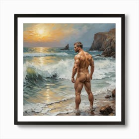 Naked Bodybuilder On The Beach, Vincent Van Gogh Style, naked butt Art Print