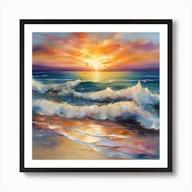 Seashore. Sand, waves, sunset and summer oil colors.usa. Art Print