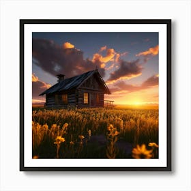 A Small Rustic Cabin With A Dark Roof In The Midst Of A Blooming Canola Field During Golden Hour Affiche