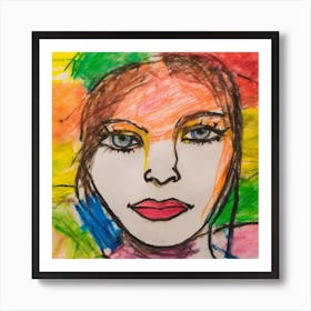 A Whimsical Crayon Portrait of a Pretty Woman in Messy Colorful Splendor Art Print