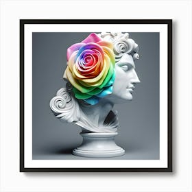 A White Marble Bust Of Rainbow Colored Rose On A Grey Background, 3d 14 Póster