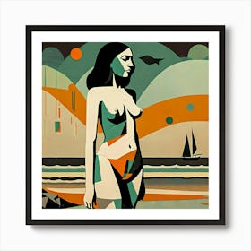 A Day By The Sea Abstract Nude Woman On Beach Art Print