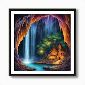 House in a Cave With a Waterfall Art Print
