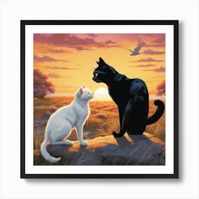 Black And White Cats At Sunset Art Print