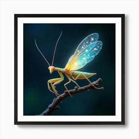 A Whimsical Mantis With Wings Of Glowing, Fractal Light Perched On A Celestial Twig 1 Art Print