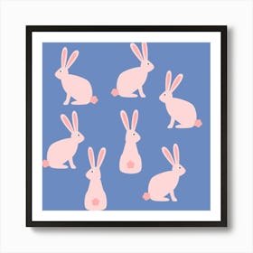 Pink Bunnies and Rabbits on Blue Art Print