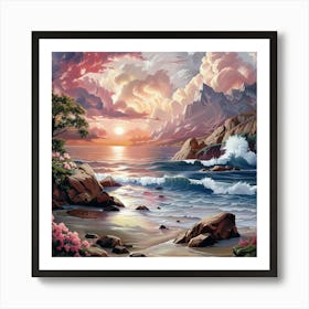 Blooming Shore Under A Sunset Sky Art Print