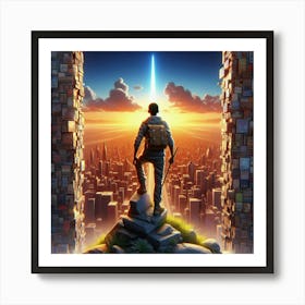 Man Standing On Top Between Two Book Towers Above A City Art Print