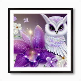 Owl With Purple Flowers 1 Art Print