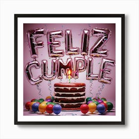 Feliz cumple and Feliz cumpleaños sign means Happy Birthday in Spanish language, Birthday party celebration gift with birthday cake candle colorful balloons best congratulation over light background wall artFeliz Cumple 64 Art Print