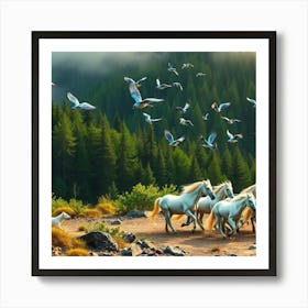 Wild Harmony: Horses and Birds Soaring Through the Forest Art Print