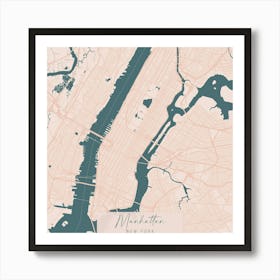 Manhattan New York Pink and Blue Cute Script Street Map Art Print