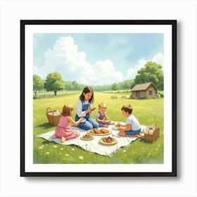 An English Countryside Picnic With Families Enjoying A Sunny Day In Watercolor 1 Art Print