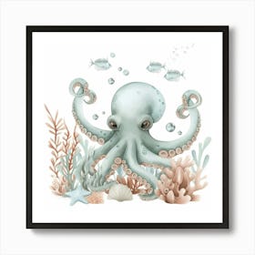 Storybook Style Octopus With Fish 2 Art Print