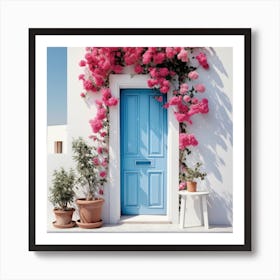 Blue Door With Pink Flowers 1 Art Print