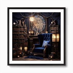 Blue Chair In A Library Art Print