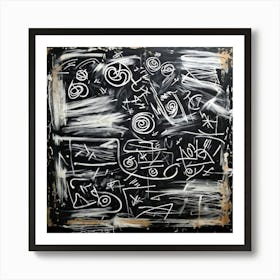 Abstract White Chalk And Black Wax Crayon Design Childrens Art Inspired Featuring Rough Strokes (7) Art Print