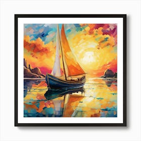 Boat At Anchor As The Sun Sets Art Print