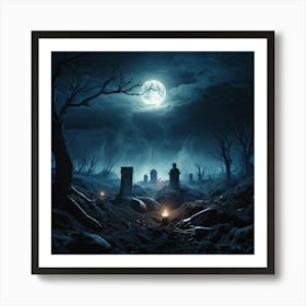 Gothic Style Illustration Skeletal Hands Breaking Through The Soil Full Moon Casting An Eerie Glow (3) Art Print