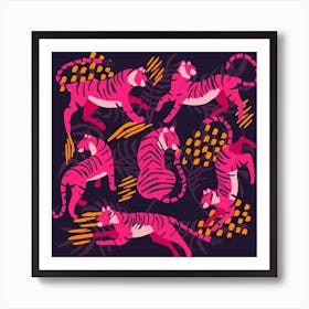 Pink Tigers On Dark Purple Square Art Print