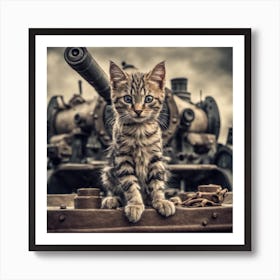 Kitten In Front Of A Tank Poster