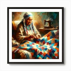 Elderly Native American Woman Quilting Art Print