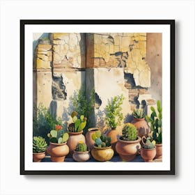 Watercolor painting of an old, weathered wall with cracked stone and peeling paint. The background features various sizes and shapes of terracotta pots on the shelf below. Each pot is filled with vibrant cacti or succulents, 7 Art Print