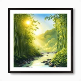 A Stream In A Bamboo Forest At Sun Rise Square Composition 197 Art Print