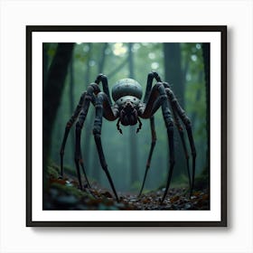 Giant Spider With An Intricate Web, Lurking In A Dark Forest 1 Art Print