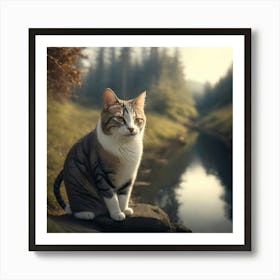 Cat Sitting By A River Art Print