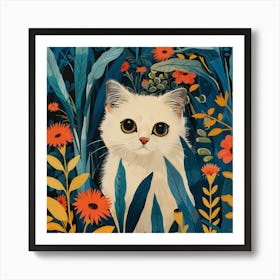 William Morris Inspired White Kitten in the Garden Art Print