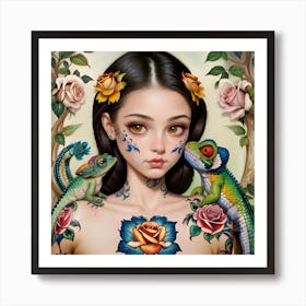 Tattooed Girl With Lizards Art Print