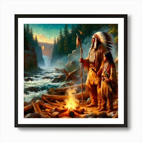 Oil Texture Native American Father And Son By Stream 2 Copy Art Print