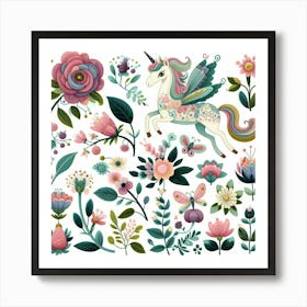 Unicorns And Flowers Art Print