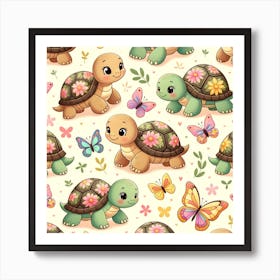 Seamless Pattern With Turtles And Butterflies 1 Art Print